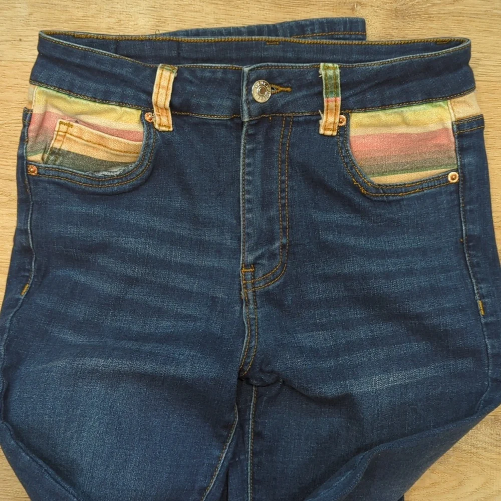 Women’s Dark Blue Boot Cut Jeans with Multicolor Pocket Detail - Picture 3 of 8
